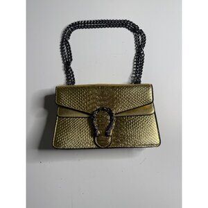 Gold Faux Leather Snake-Embossed Handbag With Chain Strap & Decorative Metal Buc